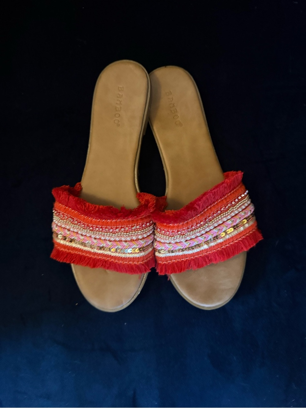 BAMBOO Red Fringe Beaded Slide Sandals